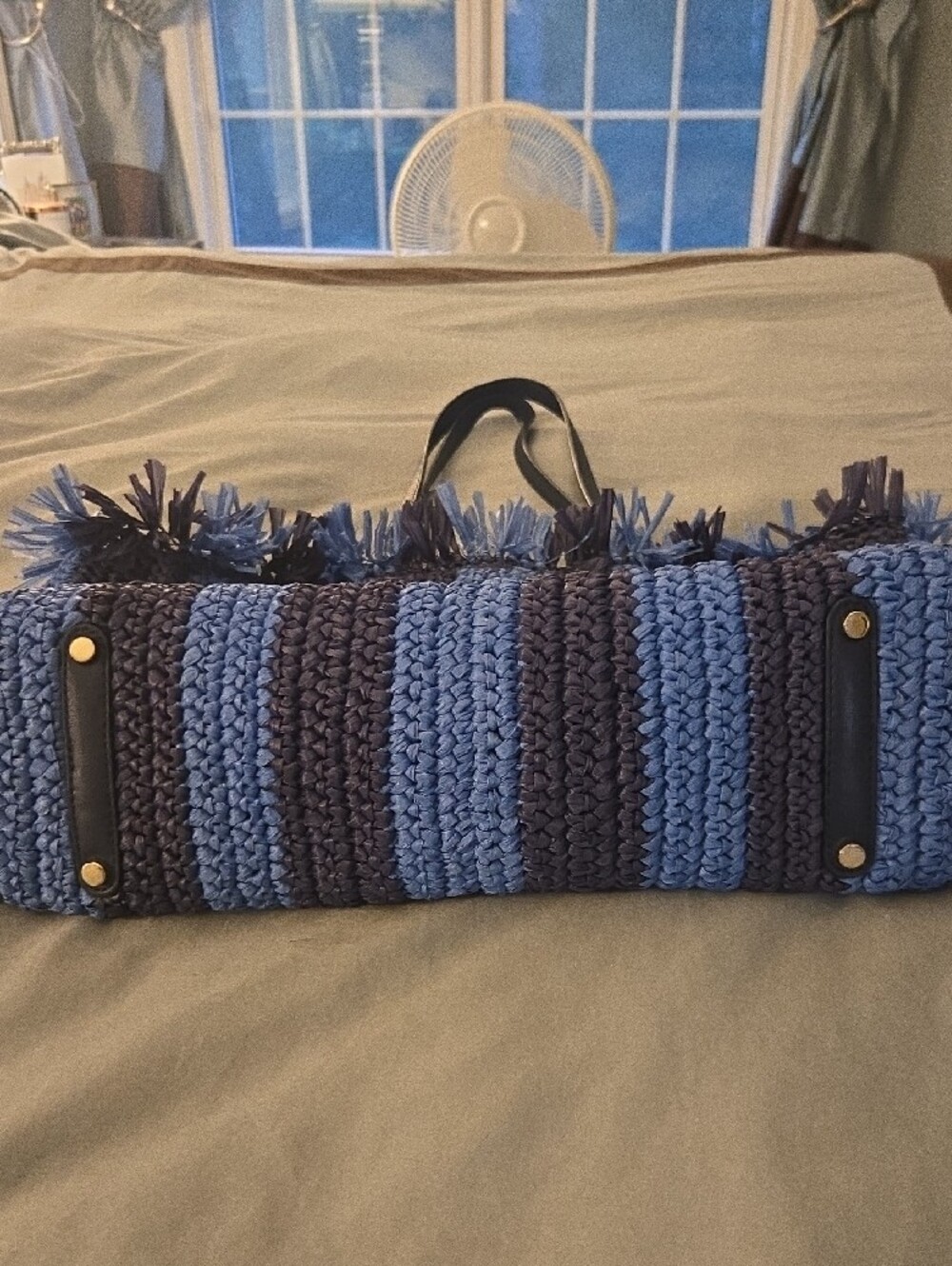 Kate Spade Sam Striped Rafia Fringe Tote Blue - Picture 5 of 6